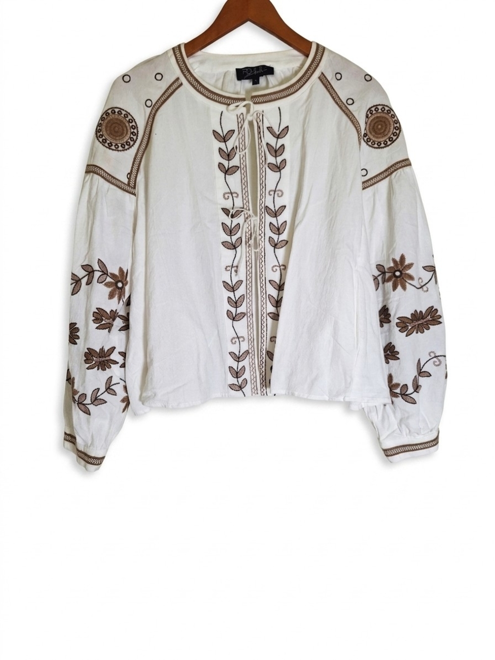 ​RD & Koko Anthropologie Embroidered Boho Tie Front Blouse White Balloon Sz L